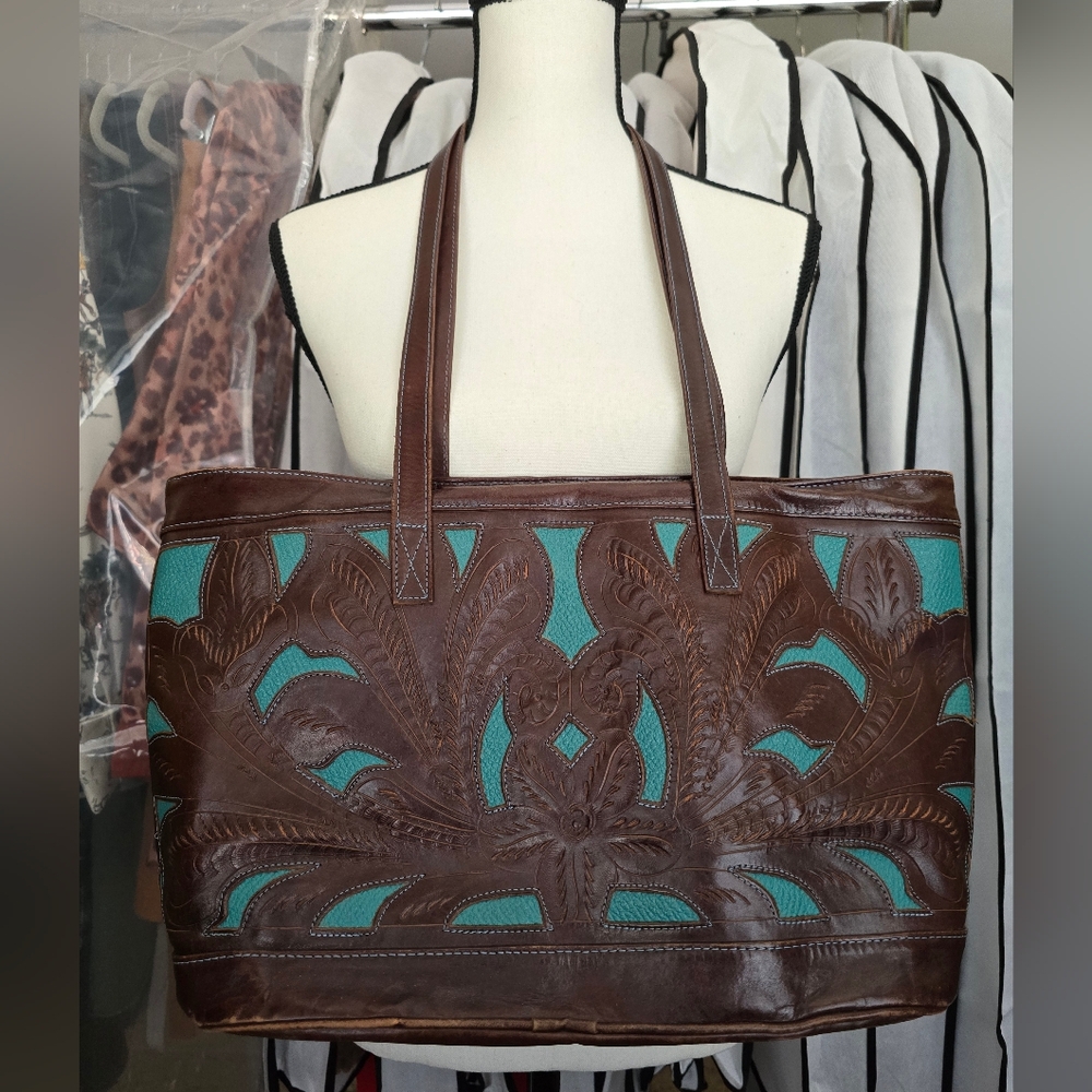 Leather in Leathers Brown & Turquoise Tooled Leather Lined Artisan Tote Spiegel